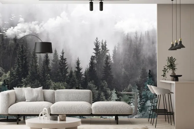 Fototapeta: 3d mural illustration drawing landscape forest tree wallpaper