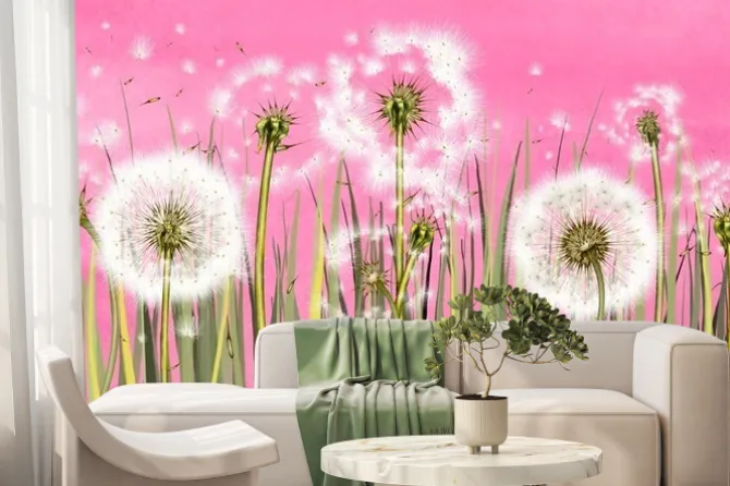 Fototapeta: 3d mural interior wallpaper for girl.many dandelions on light