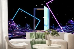 Fototapeta: 3d render sci fi landscape with an open door and neon tubes.