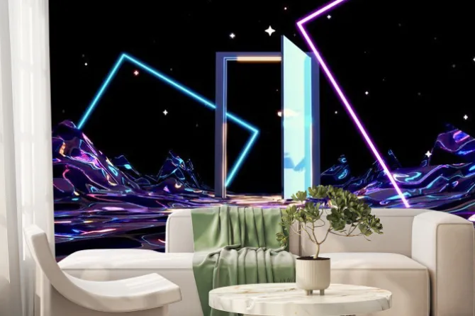 Fototapeta: 3d render sci fi landscape with an open door and neon tubes.