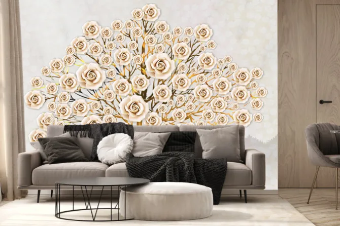 Fototapeta: 3d tree with pink roses, wood brown stump, beautiful background