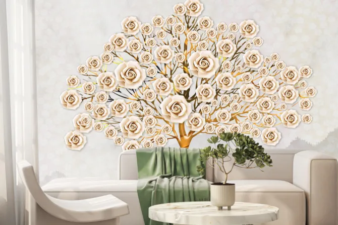 Fototapeta: 3d tree with pink roses, wood brown stump, beautiful background