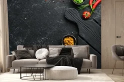 Fototapeta: Dark cooking banner. vegetables and spices on the kitchen table.