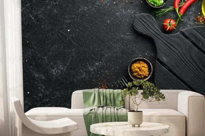 Fototapeta: Dark cooking banner. vegetables and spices on the kitchen table.