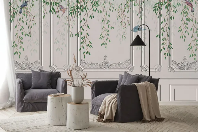 Fototapeta: Dekoracyjna ściana z ptakami i roślinami