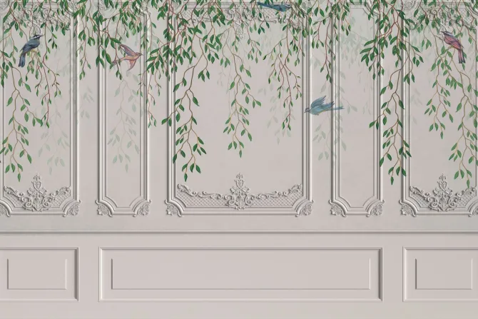 Fototapeta: Dekoracyjna ściana z ptakami i roślinami