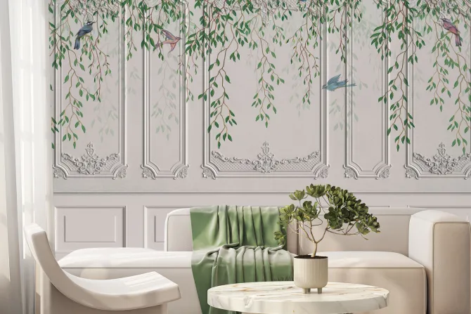 Fototapeta: Dekoracyjna ściana z ptakami i roślinami