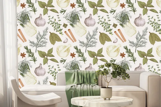 Fototapeta: Dekoracyjny wzór z ziołami i warzywami