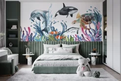 Fototapeta: Delfin i żółw wodny wśród rafy na białym tle