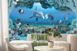 Fototapeta: Delfiny wśród rafy koralowej i ryb