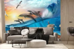 Fototapeta: Delfiny wyskakujące z wody żółw i mewy