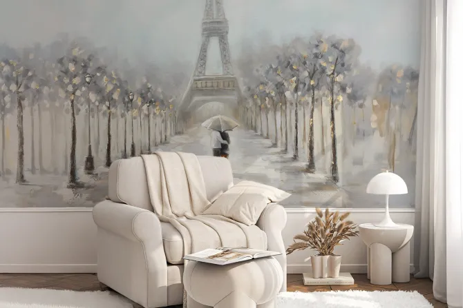Fototapeta: Delikatna akwarela z wieżą eiffla i latarniami