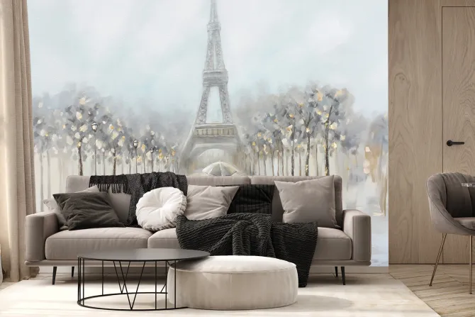 Fototapeta: Delikatna akwarela z wieżą eiffla i latarniami