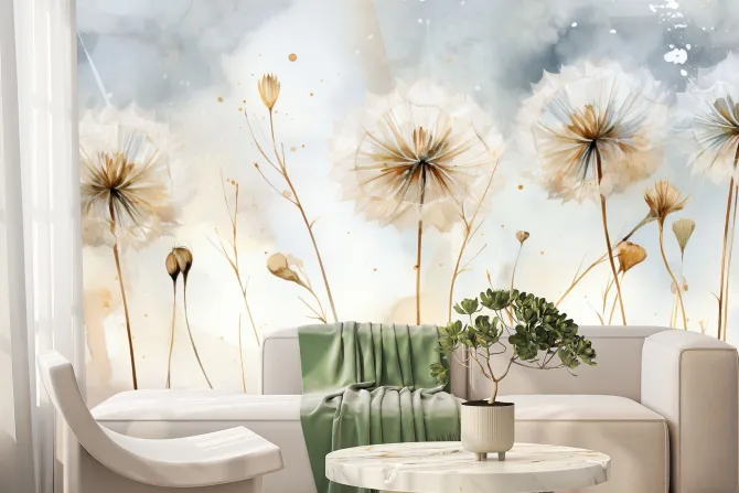 Fototapeta: Delikatne dmuchawce na akwarelowym tle subtelny botaniczny motyw