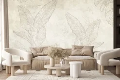 Fototapeta: Delikatne liście bananowca i monstery w stylu szkicu na betonowym