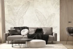 Fototapeta: Delikatne liście bananowca i monstery w stylu szkicu na betonowym