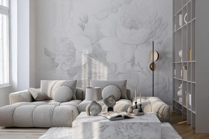 Fototapeta: Delikatny szkic kwiatów róży i liści