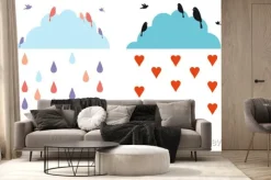 Fototapeta: Deszcz i chmury na niebie z ptakami, wektor