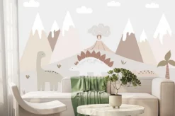 Fototapeta: Dinozaury i góry w pastelowych kolorach