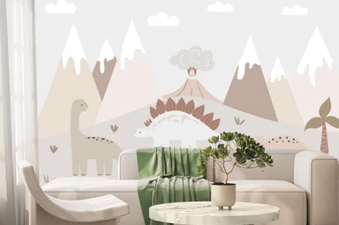 Fototapeta: Dinozaury i góry w pastelowych kolorach