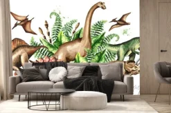Fototapeta: Dinozaury i prehistoryczne rośliny w stylu akwareli