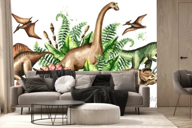 Fototapeta: Dinozaury i prehistoryczne rośliny w stylu akwareli
