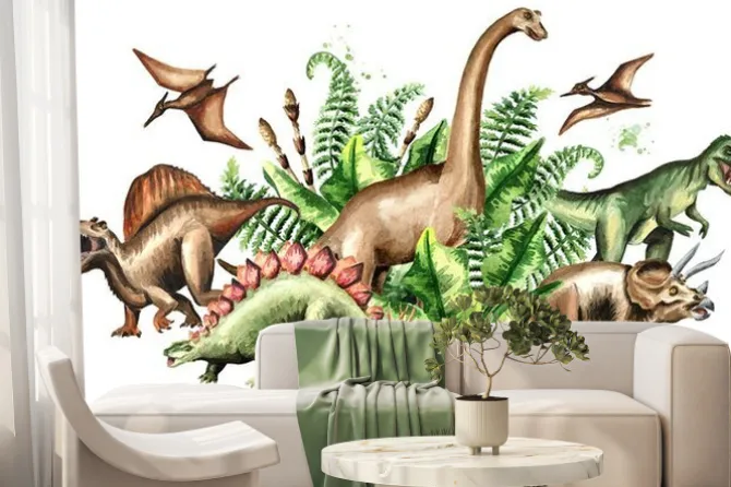 Fototapeta: Dinozaury i prehistoryczne rośliny w stylu akwareli