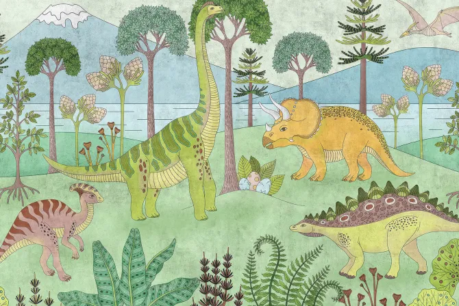 Fototapeta: Dinozaury wśród drzew na tle górskiego krajobrazu