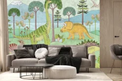 Fototapeta: Dinozaury wśród drzew na tle górskiego krajobrazu