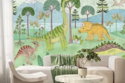 Fototapeta: Dinozaury wśród drzew na tle górskiego krajobrazu