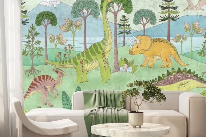 Fototapeta: Dinozaury wśród drzew na tle górskiego krajobrazu