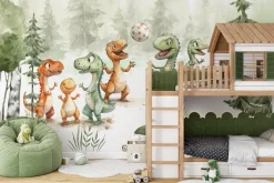 Fototapeta: Dinozaury z piłką w akwarelowym lesie