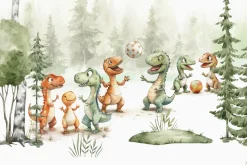 Fototapeta: Dinozaury z piłką w akwarelowym lesie