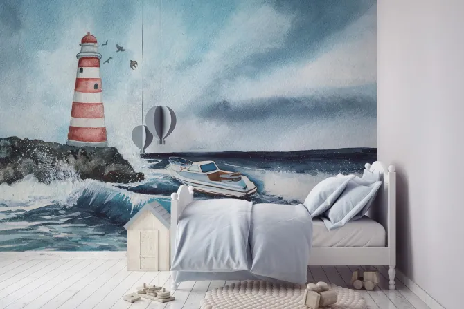 Fototapeta: Łódka na dużych falach z latarnią morską