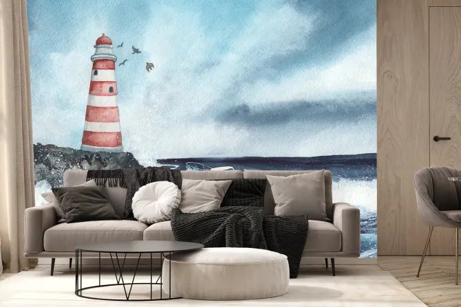 Fototapeta: Łódka na dużych falach z latarnią morską