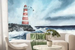 Fototapeta: Łódka na dużych falach z latarnią morską