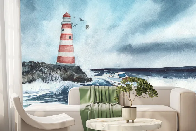 Fototapeta: Łódka na dużych falach z latarnią morską