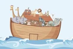 Fototapeta: Łódka pełna zwierząt bujająca na falach