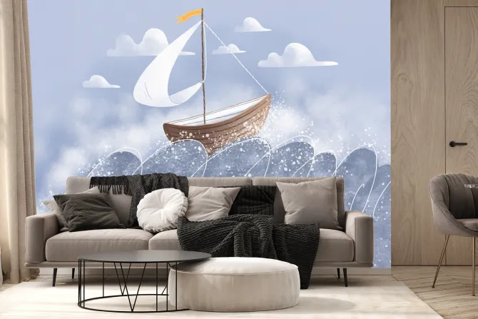 Fototapeta: Łódka z żaglem na falistym morzu