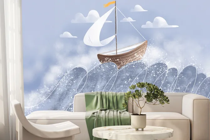 Fototapeta: Łódka z żaglem na falistym morzu