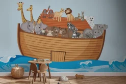 Fototapeta: Łódka ze zwierzętami na morskich falach