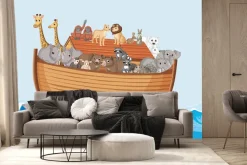 Fototapeta: Łódka ze zwierzętami na morskich falach