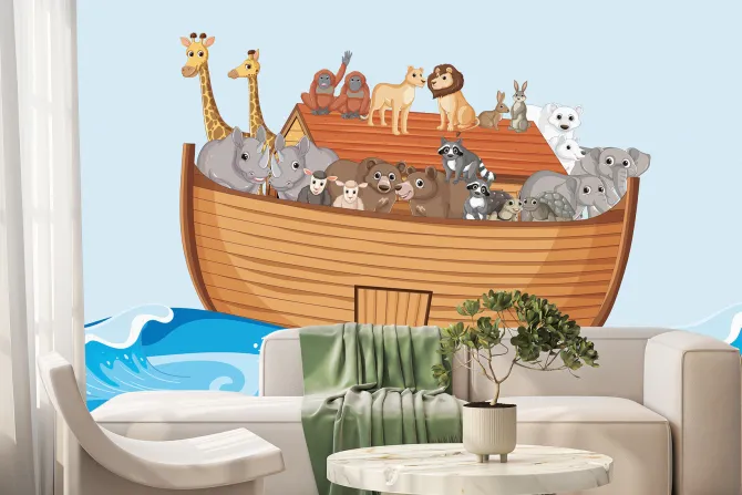 Fototapeta: Łódka ze zwierzętami na morskich falach