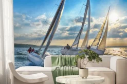 Fototapeta: Łódki na morzu o zachodzie słońca