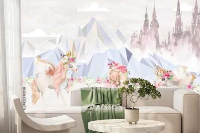 Fototapeta: Dla dziewczynki księżniczka jednorożec i zamek