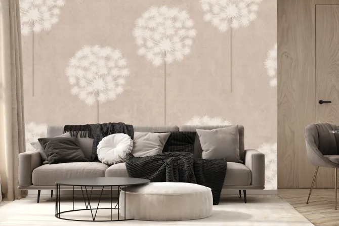 Fototapeta: Dmuchawce białe kwiaty w roślinnym motywie na tle w beżowych