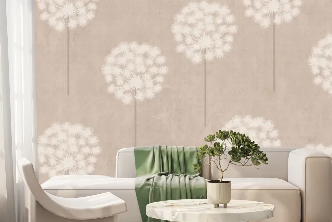 Fototapeta: Dmuchawce białe kwiaty w roślinnym motywie na tle w beżowych