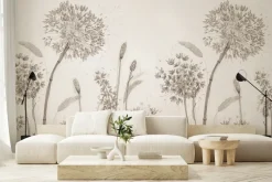 Fototapeta: Dmuchawce i delikatne rośliny polne beżowa grafika w stylu minimalistycznym