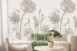 Fototapeta: Dmuchawce i delikatne rośliny polne beżowa grafika w stylu minimalistycznym