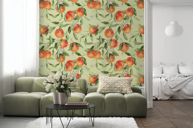 Fototapeta: Dojrzałe pomarańcze z kwiatami